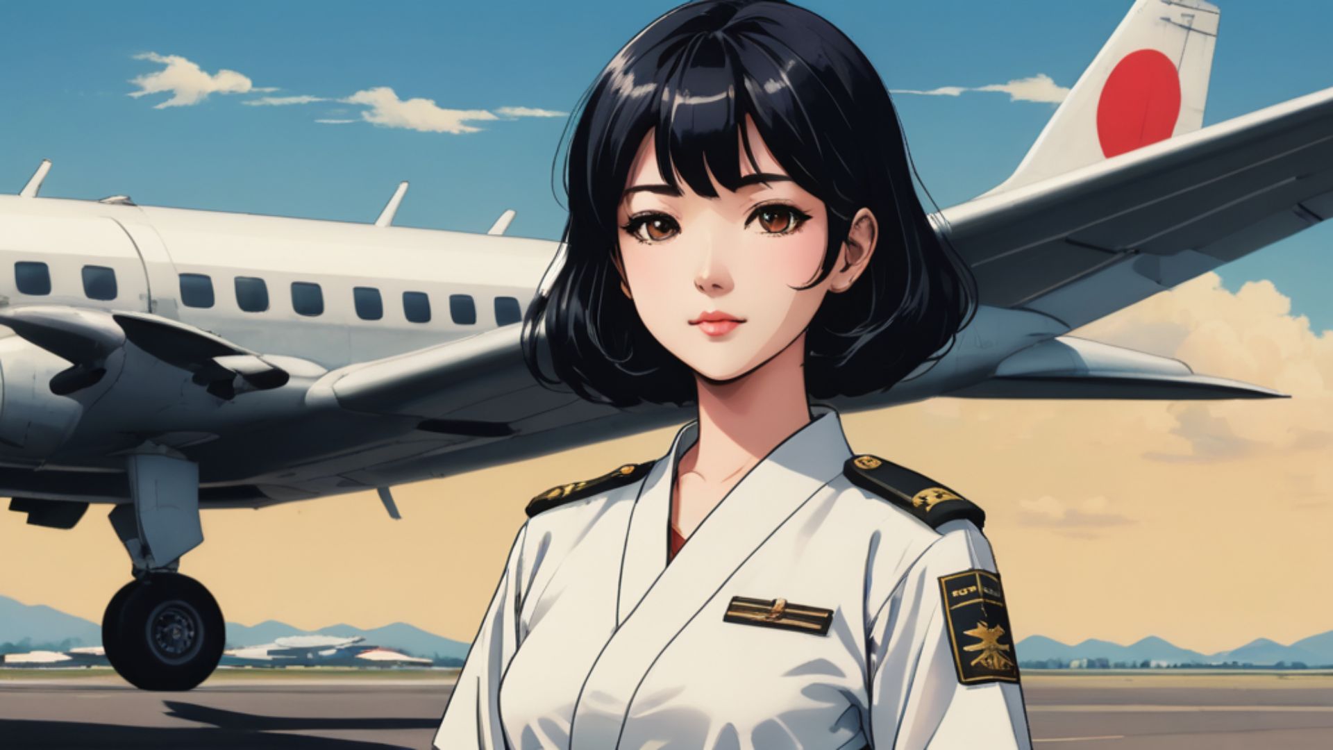 航空機を背景にして滑走路にてこちらを見つめている女性。