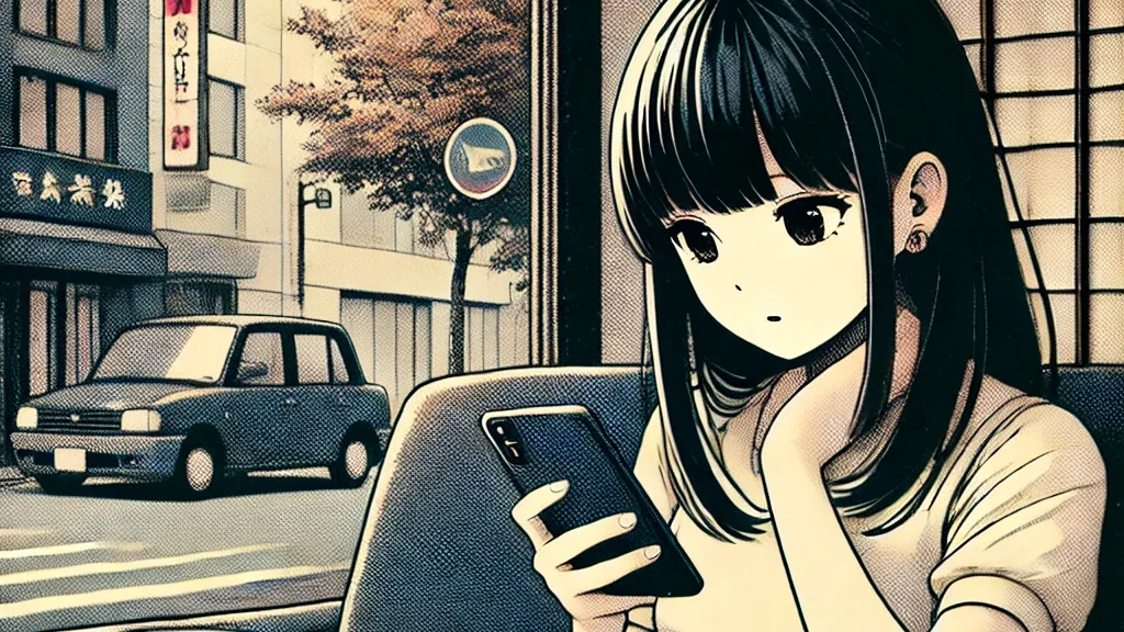 カフェの中でスマホを見つめる女性。